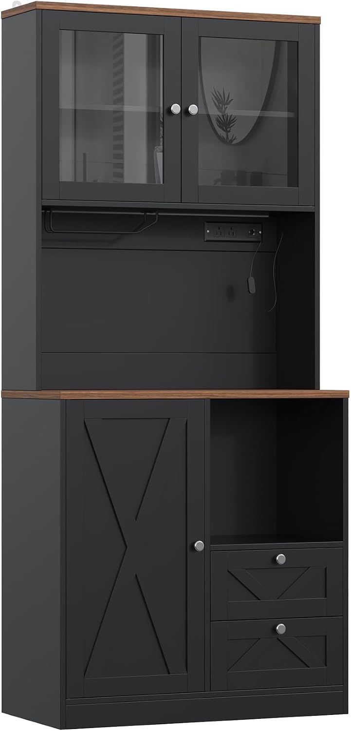 71' Tall Coffee Bar Cabinet with Storage Hutch, Farmhouse Kitchen Pantry Cabinet with LED Lights Microwave Stand and Glass Holder for Home Dining Room Kitchen (Black)