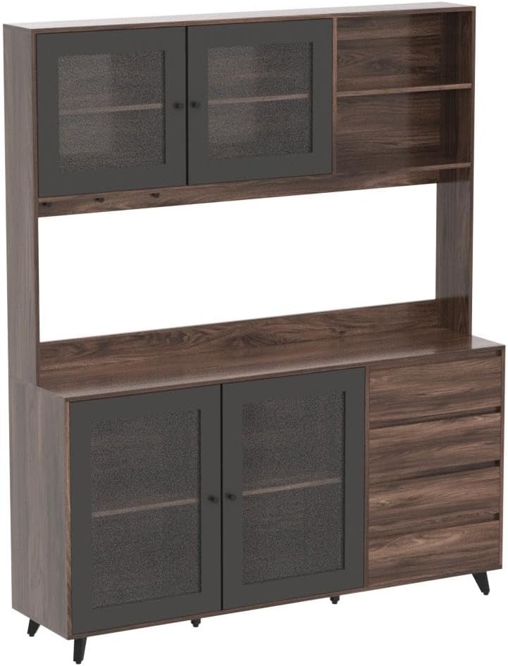 AIEGLE 63' W Large Kitchen Hutch Cabinet, Pantry Cabinets with Hutch, Freestanding Cupboard with 4 Doors, 4 Drawers & Microwave Shelf, Kitchen Storage Buffet, Dark Walnut (63' W x 15.7' D x 74.8' H)
