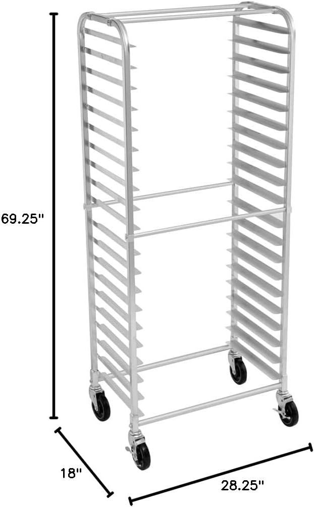 Restaurantware Kitchen Tek 28.25 x 18 x 69.25 Inch Bun Pan Rack 1 Sideload Sheet Pan Rack - Full-Height 2 Locking & 2 Non-locking Casters Silver Aluminum Bun Pan Rack With Wheels Holds 20 Pans