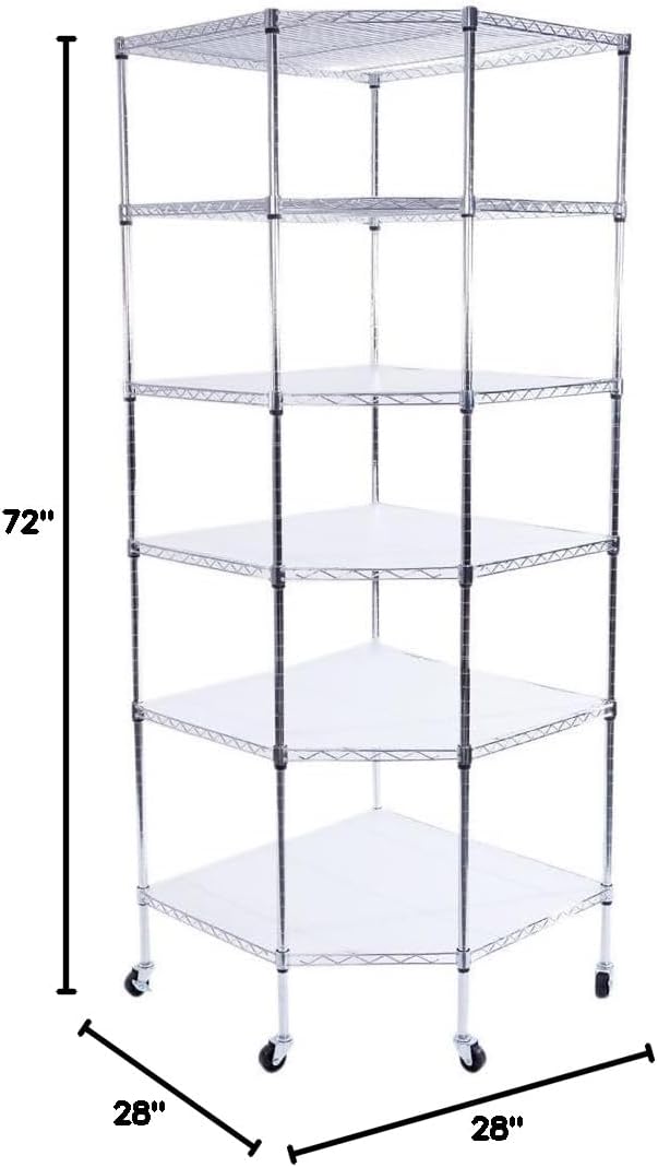 6-Tier NSF Corner Shelving/w Wheels, 28' D x 28' W x 72' H Heavy Duty Wire Steel Shelf Garage Storage Shelving Rack Chrome