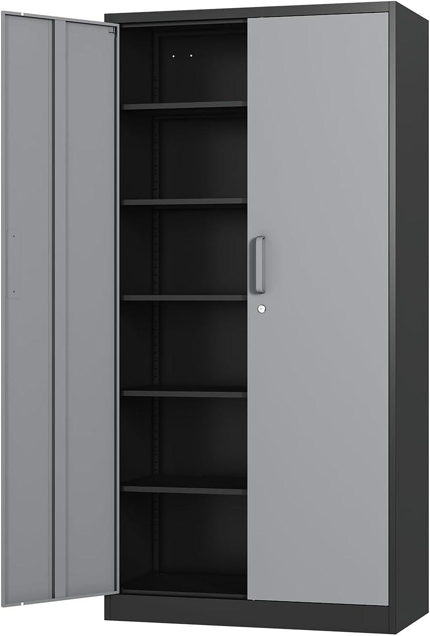 Fesbos Metal Cabinet Steel Storage Cabinet - 71' Tall File Cabinets with Lockable Doors and 5 Adjustable Shelves Black&Gray Steel Storage Cabinets for Home, School, Office, Garage