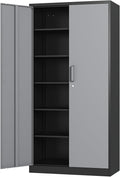 Fesbos Metal Cabinet Steel Storage Cabinet - 71' Tall File Cabinets with Lockable Doors and 5 Adjustable Shelves Black&Gray Steel Storage Cabinets for Home, School, Office, Garage