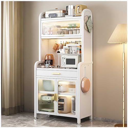 Kitchen Floor Cupboard Tall Storage Cabinet with Flip Doors Adjustable Shelves Kitchen Storage Sideboard with Countertop Free Standing，Tall Black Kitchen Bakers Rack with Drawer - 5-Tier Adj