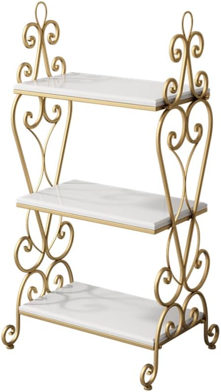 3-Tier Plant Shelf for Indoor,Rustic Wood Bookcase Shelf with Metal Frame,Rustic Storage Rack with Open Shelves for Living Room Bedroom and Balcony (Gold Frame+ White Shelf)