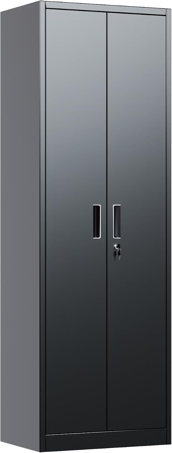 Narrow Metal Garage Storage Cabinet, Lockable Narrow Steel Storage Cabinet with 4 Adjustable Shelves for Garage, Office, Home, Assembly Required, Black, 15.75' D × 23.62' W × 70.87' H