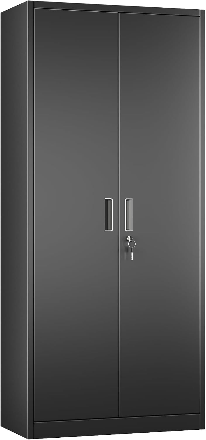 Metal Garage Storage Cabinet, Lockable Steel Storage Cabinet with 4 Adjustable Shelves for Garage, Office, Home, Assembly Required, Black, 15.75' D × 31.50' W × 70.87' H