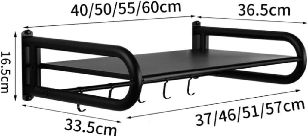 Microwave Oven Rack,Wall Mounted Microwave Oven Rack - Modern Black Kitchen Baker's Shelf with Hooks - Space-Saving 55cm Design for Home & Restaurant Organization