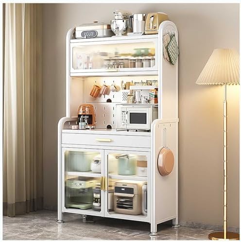 Kitchen Floor Cupboard Tall Storage Cabinet with Flip Doors Adjustable Shelves Kitchen Storage Sideboard with Countertop Free Standing，Tall Black Kitchen Baker's Rack - 5-Tier Storage with A