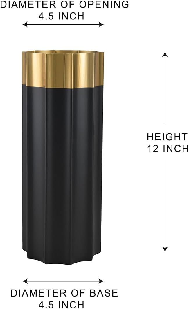 Serene Spaces Living Lumiere Black & Gold Vase, Stainless Steel Vase, Perfect for Floral Arrangements, Home Décor, Wedding & Event Table Centerpiece, 4.5' Diameter & 12' Tall, Pack of 6