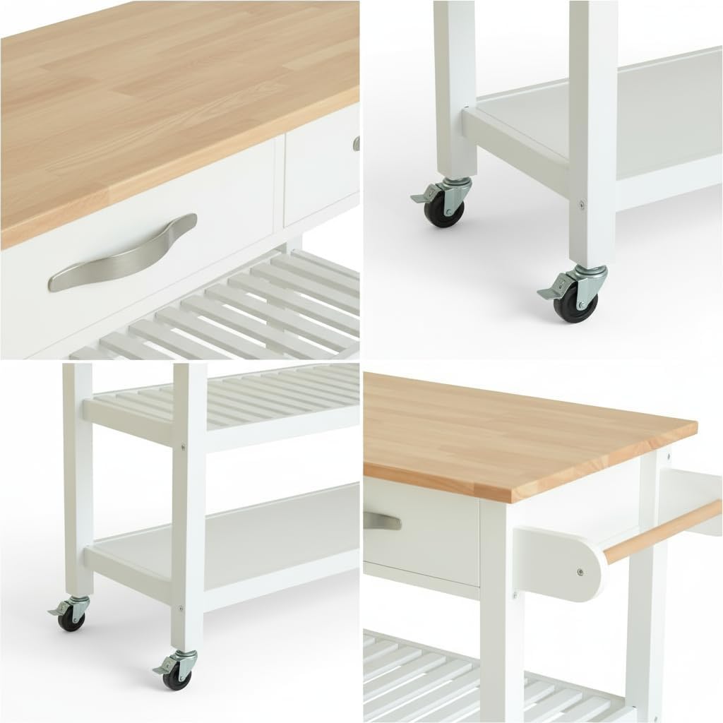 Kitchen Island 45' Rolling Kitchen Island Cart On Wheels with 2 Drawer and Towl Rack 3 Tiers Rolling Utility Cart with Solid Wood Top Serving Trolley for Dining Room White