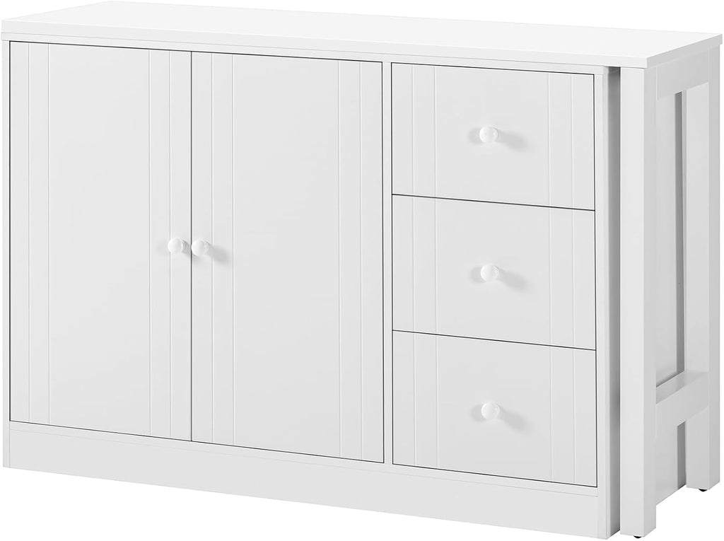 90' Extendable Freestanding Storage Cabinet, Kitchen Storage Bakers Rack with Adjustable Shelf, Utility Food Cupboard with Silent Drawers for Kitchen and Living Room, White