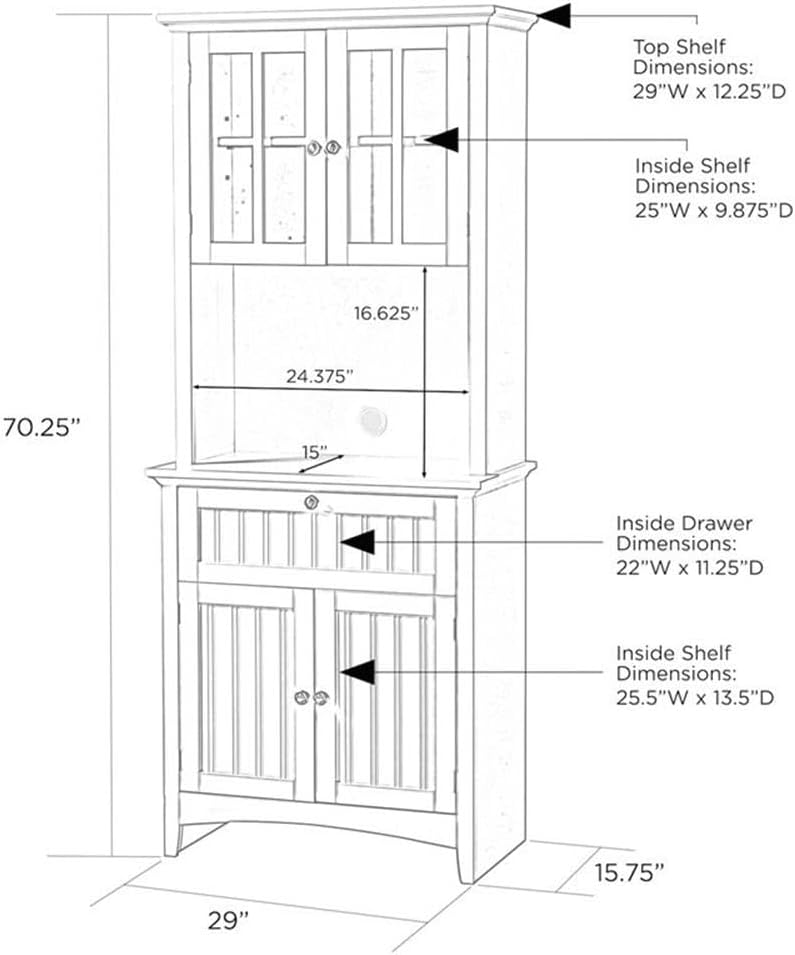Pemberly Row 29' Farmhouse Wood Buffet and Hutch, White Painted Finish, Glass and Solid Doors, Adjustable Shelf, Spacious Microwave Area, Durable Storage Cabinet for Kitchen or Dining Room Use