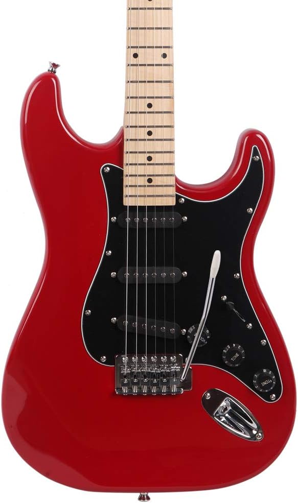 ST Style Electric Guitar with 20W Amplifier, Red with Black Pickguard - Full Size Right Handed Beginner Guitar Bundle with Gig Bag, Strap, Picks - Basswood Body & Maple Neck for Professional Sound