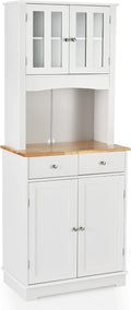LOKO Kitchen Hutch Cabinet, Kitchen Cabinet with Framed Tempered Glass Doors, Flat Countertop and 2 Drawers, Kitchen Pantry Storage Cabinet with Adjustable Shelves, 27 x 16 x 67 inches (White)