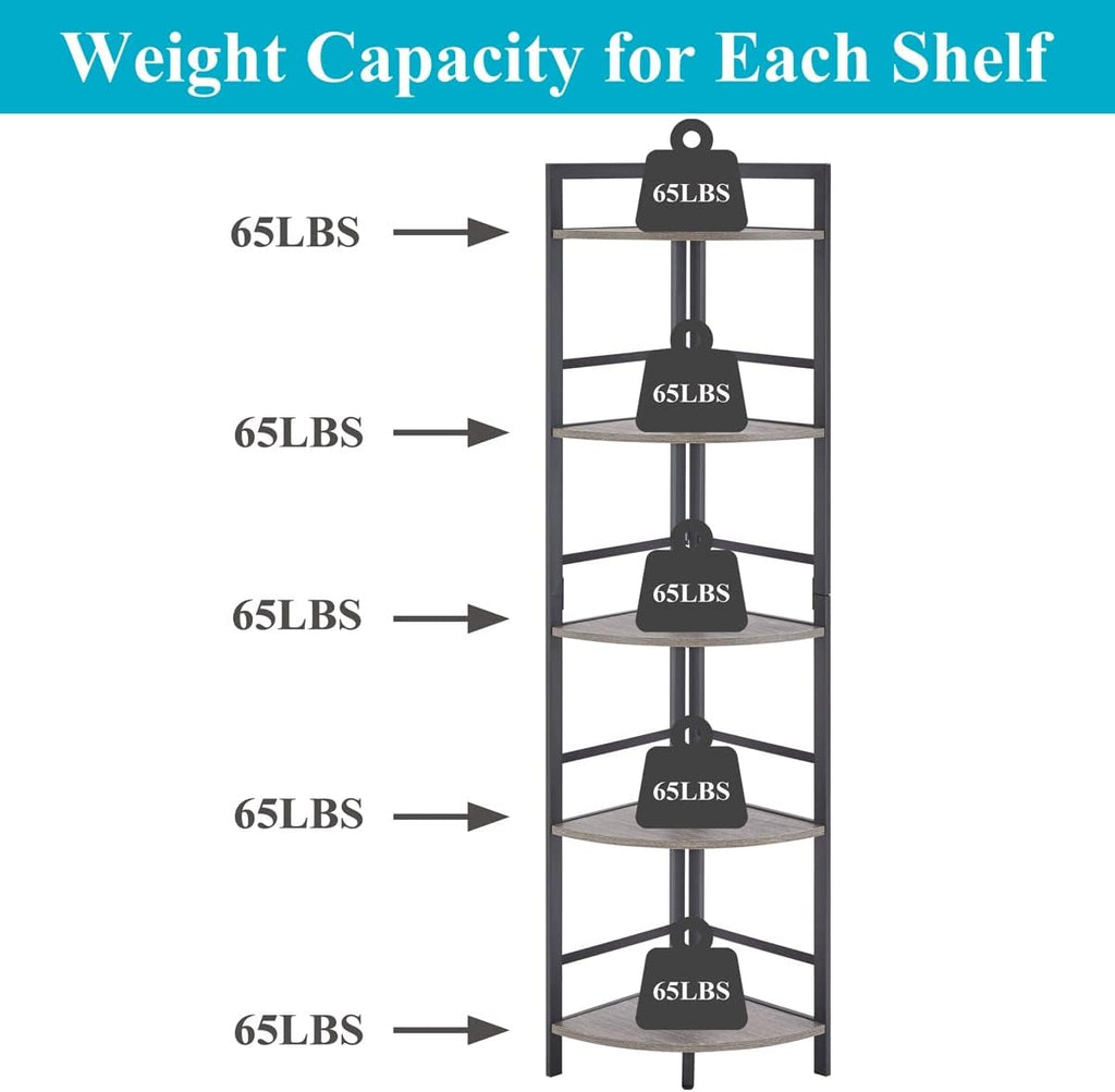 BON AUGURE Rustic Corner Shelf Stand, Tall Industrial Corner Bookshelf, Wood Metal 5 Tier Bookcase Shelves, Display Shelving Unit for Kitchen, Living Room (Dark Grey Oak)