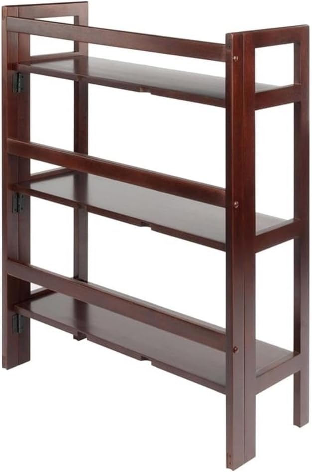 Pemberly Row 3-Tier Solid Wood Folding Book Shelf, Antique Walnut Finish, 38.54 in Height, Transitional Style for Home Office, Bathroom, or Kids Room Storage