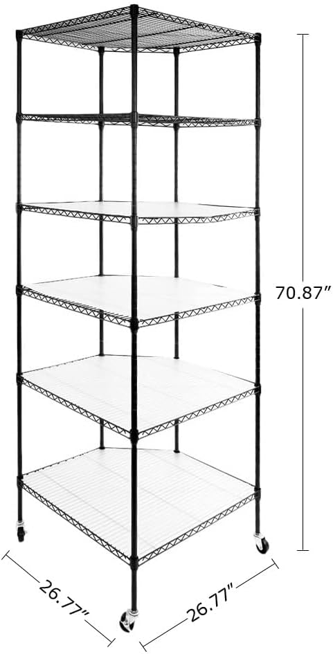 BNSPLY 6 Tier Corner Wire Shelving Unit, Adjustable Wire Shelf with Wheels, Metal Storage Shelves and Racks for Kitchen, Bathroom, Laundry, Pantry, Closet (27' D x 27' W x 71' H, Black)