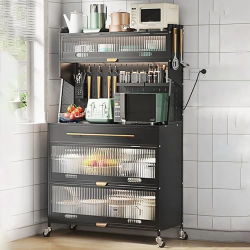 5-Tier Rolling Baker's Rack with Storage - Kitchen Microwave Stand on Wheels, Flip Door Cabinets, Pegboard, Tall Pantry Cabinet with Drawer, Black, 80cm/31.4in