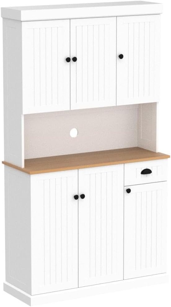 RASOO Buffet Hutch Cabinet Kitchen Sideboard Pantry Cabinet Wood Kitchenware Server Kitchen Storage Microwave Cabinet with 3 Doors Upstairs and 3 Doors downstairs and 1 Drawer, White (R0086)