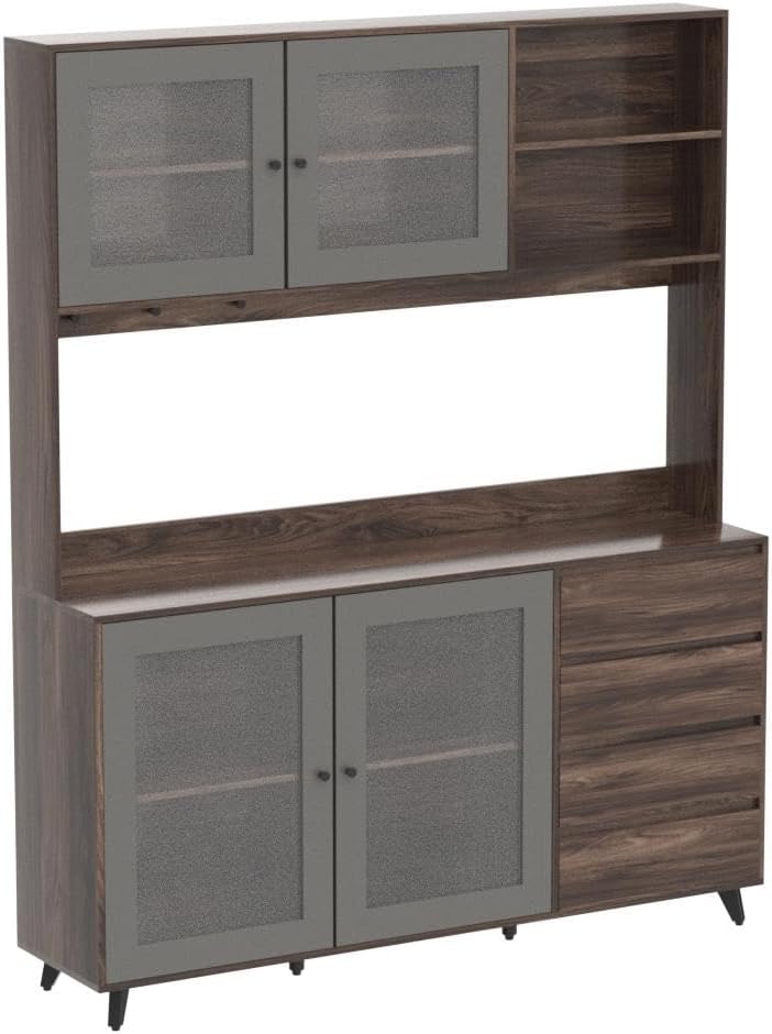 ECACAD Freestanding Kitchen Pantry Storage Cabinet with Glass Doors, Shelves & Drawers, Modern Sideboard Buffet Cabinet, Wood Kitchen Cupboard with Hutch and Hooks, Dark Brown