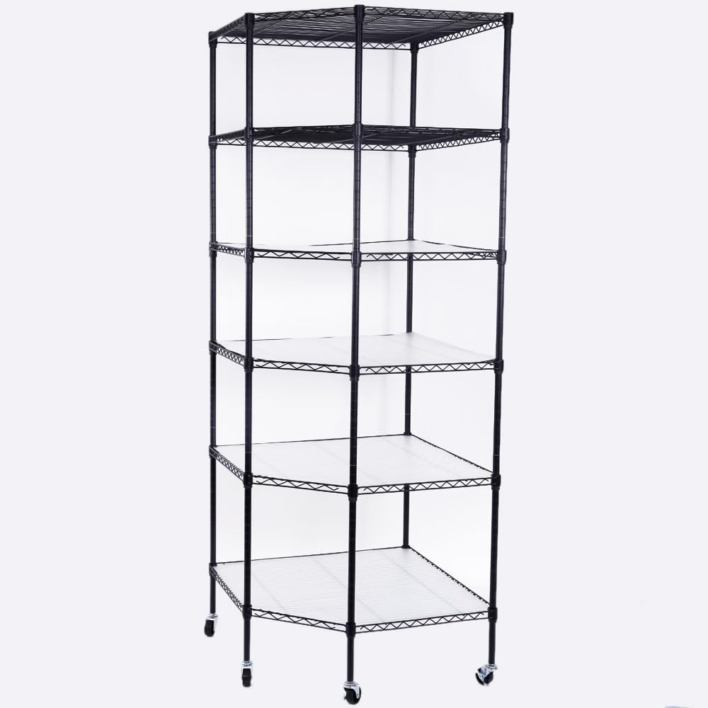 6-Layer Wire Corner Storage Shelves on Wheels, Metal Wire Shelving Unit for Home, Kitchen, Shop, Pantry, Restaurant Durable Steel Rack with Plastic Coating for Your Accessories, Tools Black