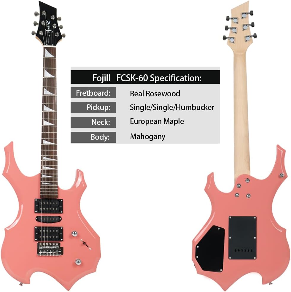 Fojill Heavy Metal Cool Shape Electric Guitar Kit Set Beginner Starter Combo Package Bundle Battery Power Bluetooth 10W Amplifier Amp Accessory Gig Bag,Picks, Cable,Strap,Extra Strings (FCGK-60, Pink)