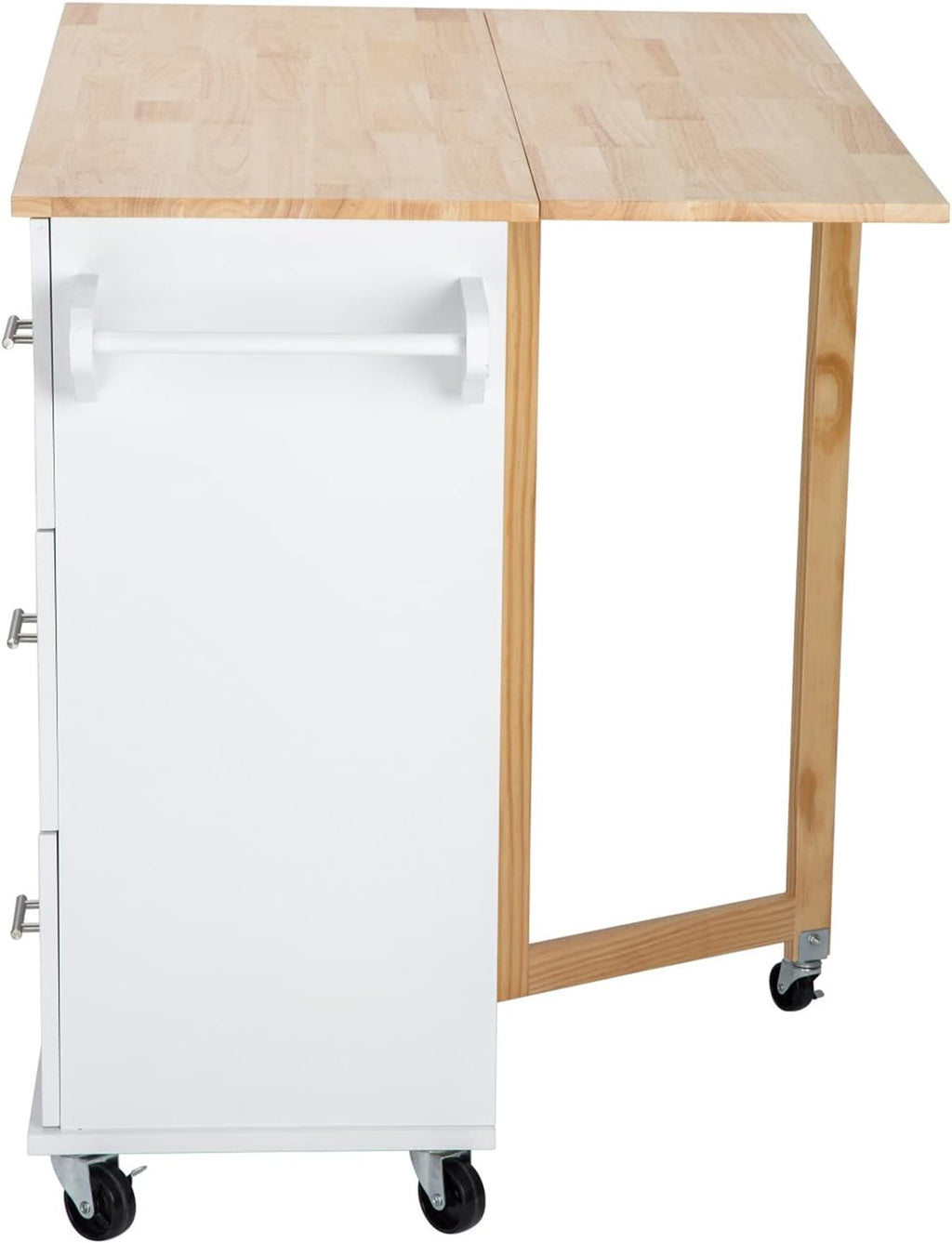 Kitchen Island with Rubber Wood Drop-Leaf Countertop, Mobile Serving Cart with Spice Rack, Utility Storage Trolley with Towel Holder, Rolling Kitchen Table with 3 Drawer and Storage Cabinet