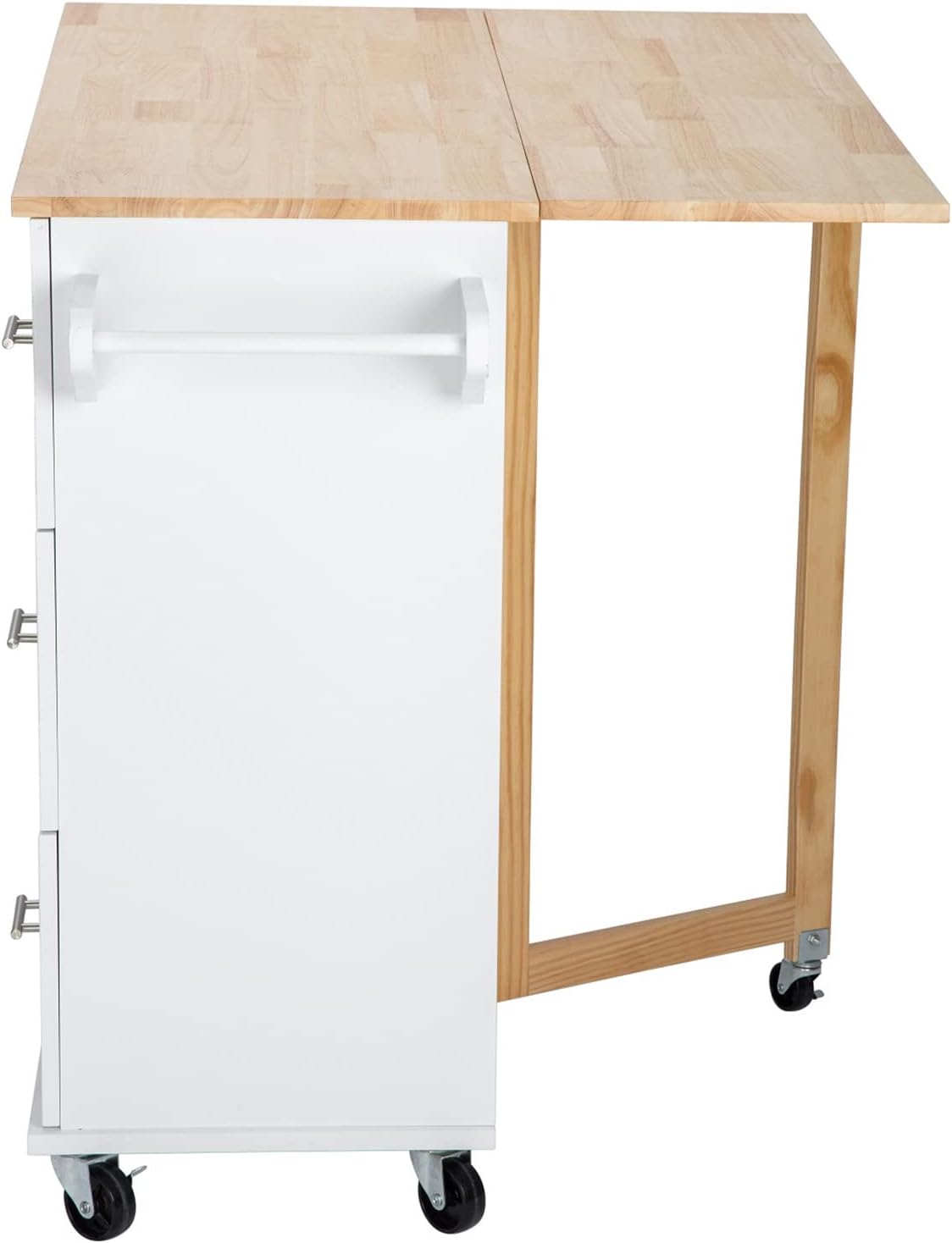 Kitchen Island with Rubber Wood Drop-Leaf Countertop, Mobile Serving Cart with Spice Rack, Utility Storage Trolley with Towel Holder, Rolling Kitchen Table with 3 Drawer and Storage Cabinet