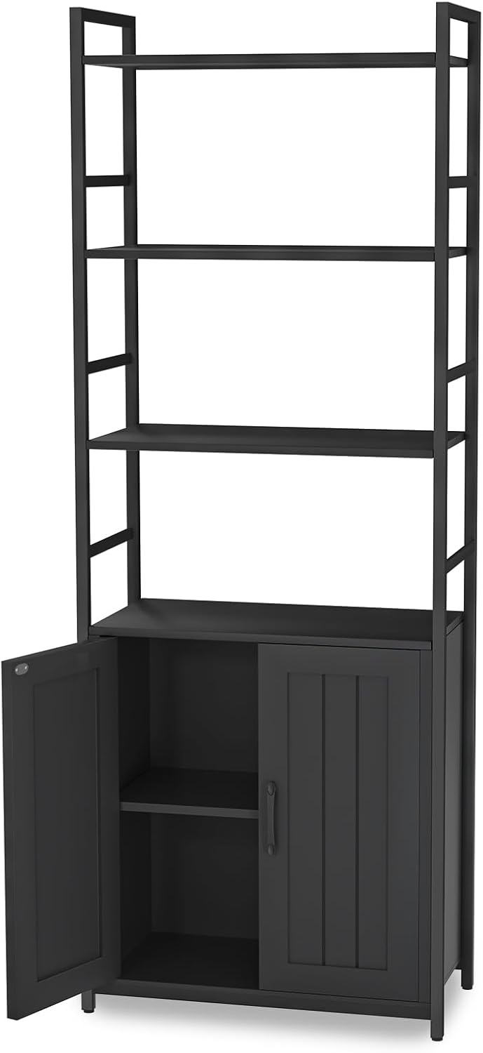 Lazyvan Black Bookshelf with Doors,70' Tall Bookcase with Storage Cabinet,6 Tier Book Shelf for Living Room/Bedroom/Office/Kitchen,70'(H)*26'(L)*11.8'(W)
