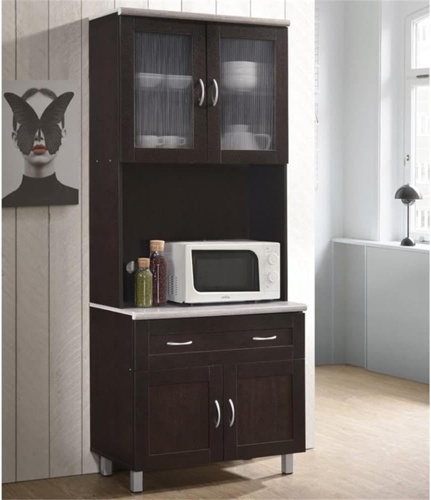 Pemberly Row Tall China Kitchen Cabinet, 32' Wide, Chocolate Gray Finish, Microwave Storage, 79' H x 17' D, Transparent Doors, Drawer, Enclosed Shelves, Wooden Construction for Home or Office Kitchen