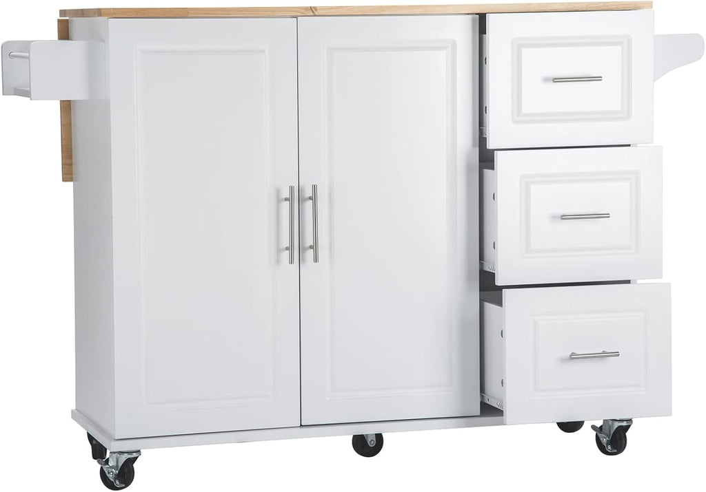 Kitchen Island with Rubber Wood Drop-Leaf Countertop, Mobile Serving Cart with Spice Rack, Utility Storage Trolley with Towel Holder, Rolling Kitchen Table with 3 Drawer and Storage Cabinet