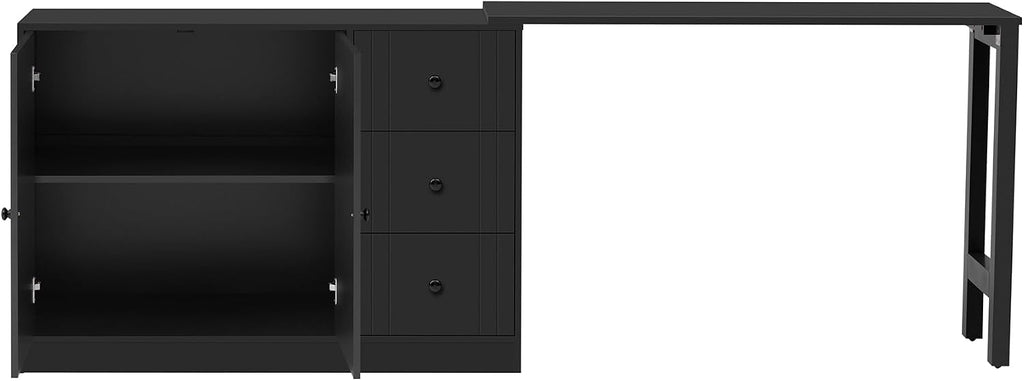 90' Extendable Freestanding Storage Cabinet, Kitchen Storage Bakers Rack with Adjustable Shelf, Utility Food Cupboard with Silent Drawers for Kitchen and Living Room, Black