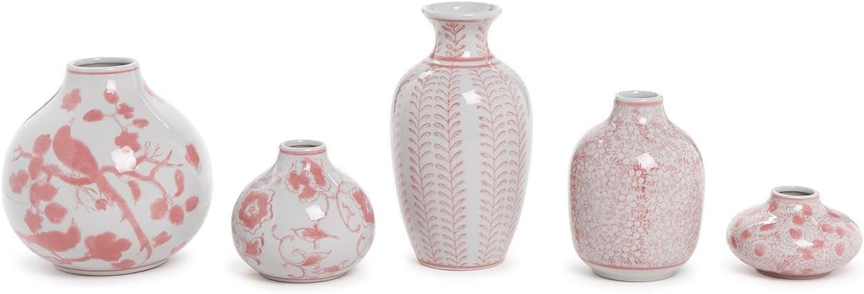 Two's Company Pink Chinoiserie Hand Painted Vase, Set of 5, Porcelain, Home Decor Accessories, 54698