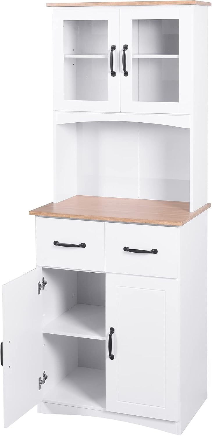 Kitchen Buffet with Hutch, Freestanding Pantry Cabinet Kitchen Cupboard Bar Cabinet with 4 Doors, 2 Drawers & Open Shelf, 2 Storage Cabinets with Adjustable Shelves, White