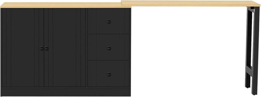 90' Extendable Freestanding Storage Cabinet, Kitchen Storage Bakers Rack with Adjustable Shelf, Utility Food Cupboard with Silent Drawers for Kitchen and Living Room, Black+Natural