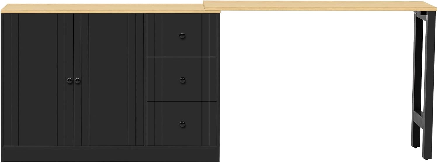 90' Extendable Freestanding Storage Cabinet, Kitchen Storage Bakers Rack with Adjustable Shelf, Utility Food Cupboard with Silent Drawers for Kitchen and Living Room, Black+Natural