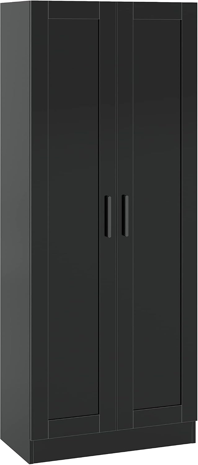 Panana Wooden Storage Cabinet, Narrow Pantry Cabinets Free Standing Tall Storage Cabinet with 2 Doors and Shelves (Black)
