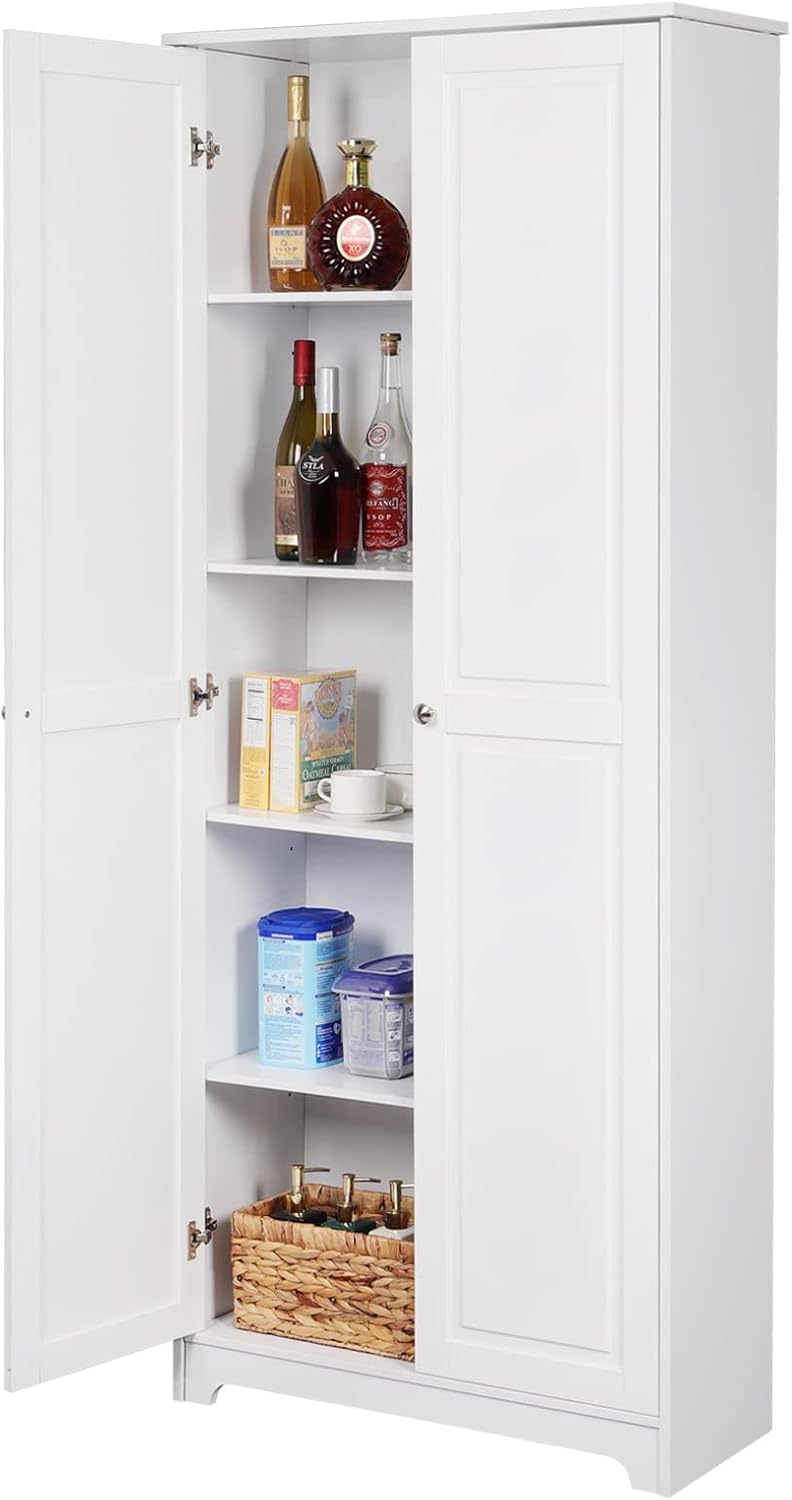 VINGLI 72' Tall Pantry Cabinet, Kitchen Pantry Storage Cabinet with 2 Doors & Adjustable Shelves, Freestanding Food Storage Cupboard for Kitchen, Dining Room, Utility Room, White