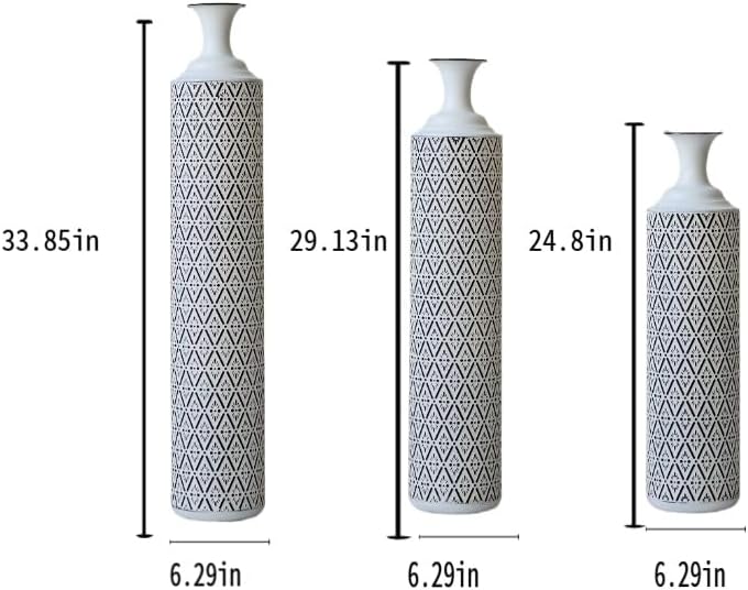 Set of 3 Gorgeous White Metal Vases - Unique Floor Decoration, Large Glazed Metal Vases at 24in, 28.7in, 33.5in for Modern Black & White Home Designs