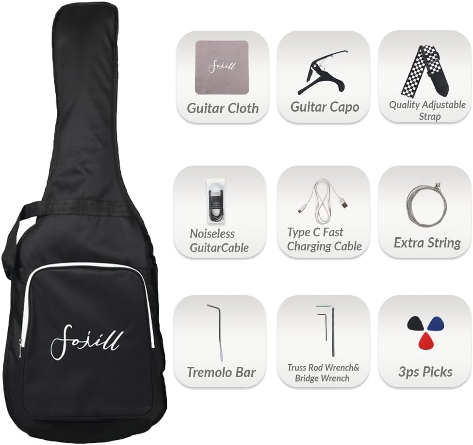 Fojill Heavy Metal Cool Electric Guitar Kit Set Beginner Starter Combo Package Bundle Battery Power Bluetooth 10W Amplifier Amp Accessory Gig Bag,Picks, Cable,Strap,Strings(FCGK-60, Metallic Blue)