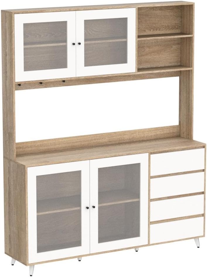 AIEGLE 63' W Large Kitchen Hutch Cabinet, Pantry Cabinets with Hutch, Freestanding Cupboard with 4 Doors, 4 Drawers & Microwave Shelf, Kitchen Storage Buffet, Wood Color (63' W x 15.7' D x 74.8' H)