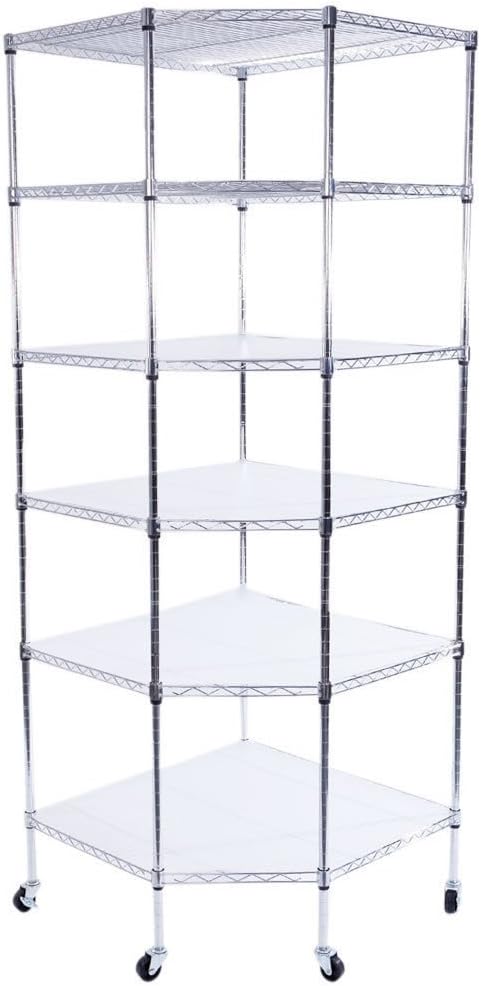 6-Tier NSF Corner Shelving/w Wheels, 28' D x 28' W x 72' H Heavy Duty Wire Steel Shelf Garage Storage Shelving Rack Chrome