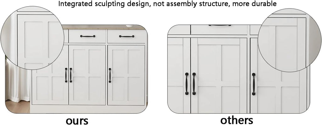 48' Farmhouse Freestanding Storage Cabinet, Kitchen Storage Bakers Rack with Drawers, Utility Food Cupboard for Home, White