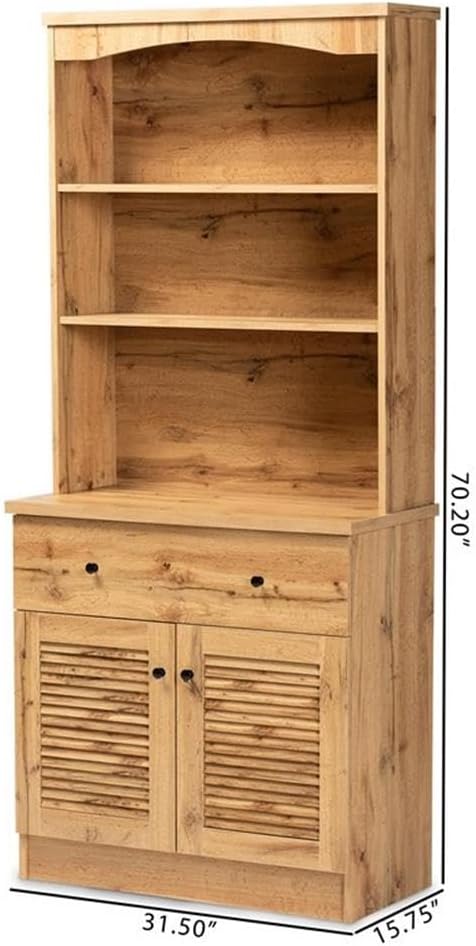 BOWERY HILL Wood Buffet and Hutch, 70.2 in x 31.5 in x 15.75 in, Oak Brown Finish, Engineered Wood Construction, 3 Open Shelves, Drawer and Storage Cabinet, Kitchen or Dining Room Storage Unit