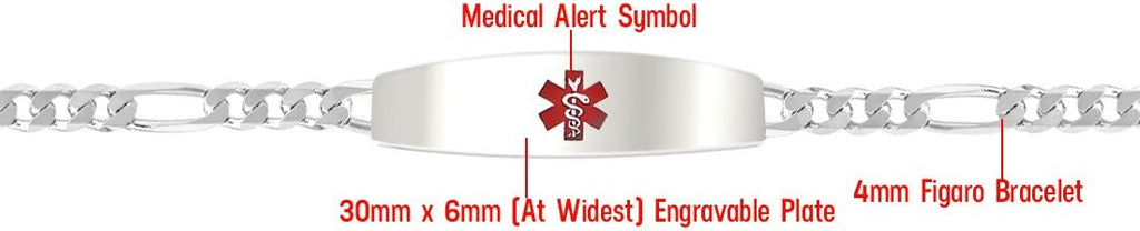 US Jewels Customizable Ladies 925 Sterling Silver 4mm Figaro Medical Alert ID Bracelet with Free Engraving, 6in to 8in Length