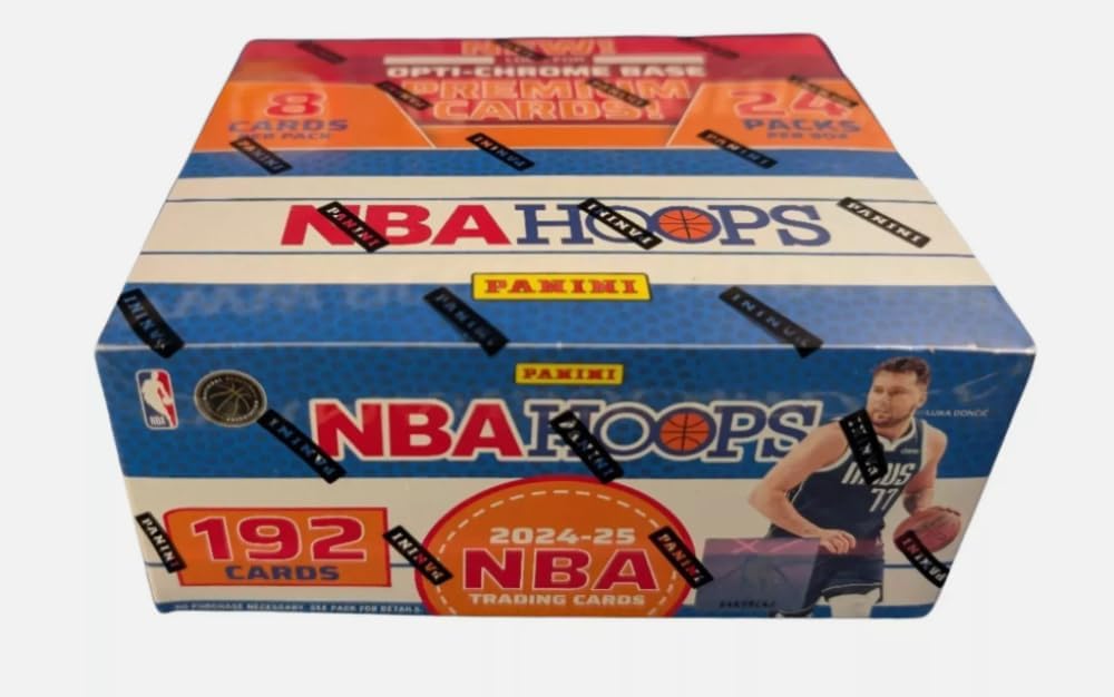 2024-25 Panini NBA Hoops Basketball Factory Sealed Retail Box 24 Packs of 8 Cards. Look for Opti-Chrome Base Premium Cards. Look for Exclusive Explosions and possible autographs from some of the game's greats.