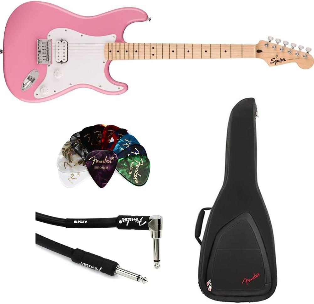 Squire Sonic Stratocaster HT H Electric Guitar, Flash Pink Bundle with Fender FE620 Electric Guitar Gig Bag, Professional Instrument Cable 10' and Fender 12-Pack Picks