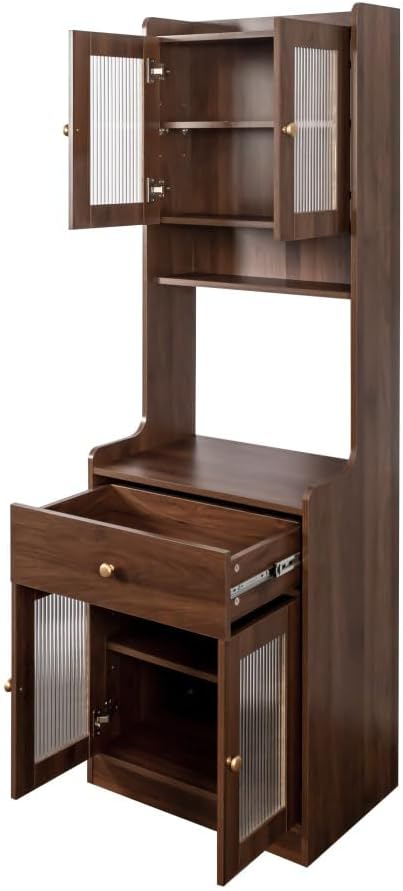23.6' W Walnut Kitchen Pantry Hutch - Freestanding Storage Cabinet 2 Cabinets 1 Drawer with Microwave Stand for Kitchen Coffee Bar