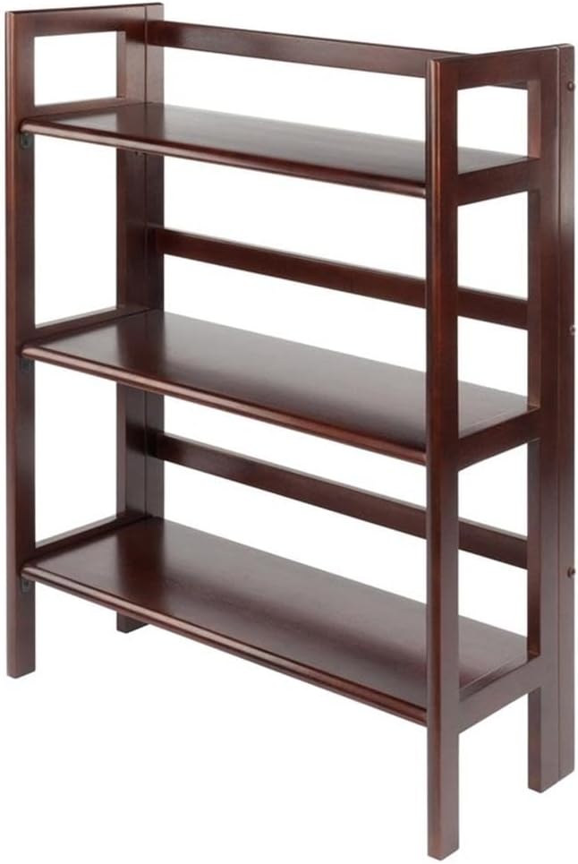Pemberly Row 3-Tier Solid Wood Folding Book Shelf, Antique Walnut Finish, 38.54 in Height, Transitional Style for Home Office, Bathroom, or Kids Room Storage