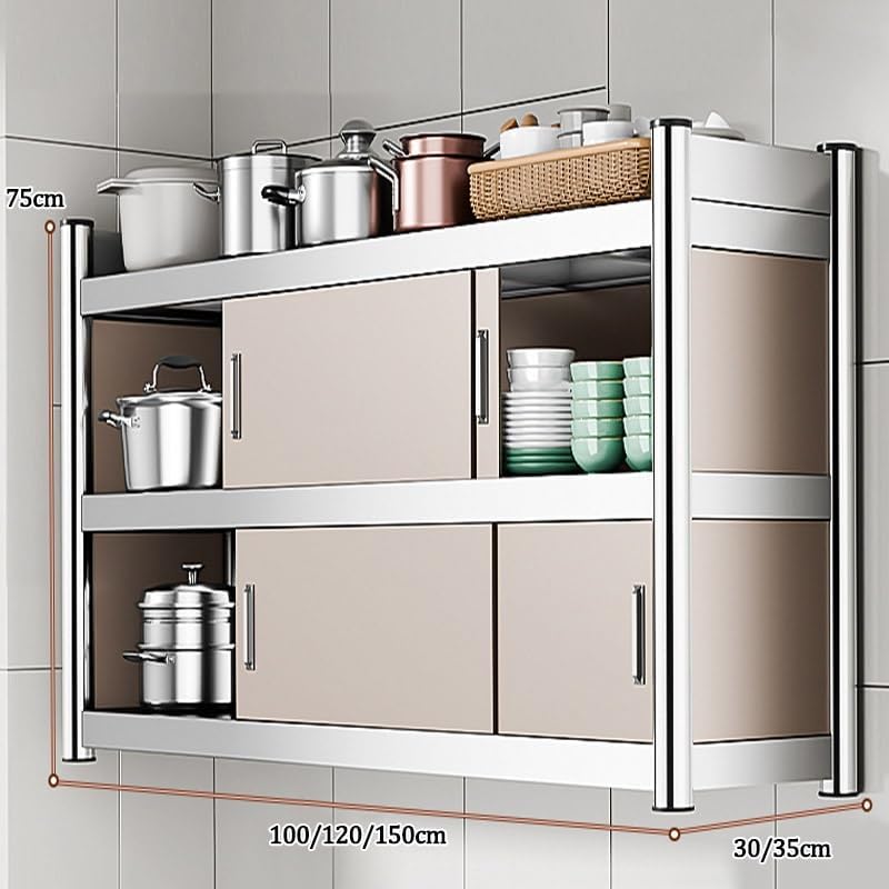 Kitchen Floor Cupboard Tall Storage Cabinet with Flip Doors Adjustable Shelves Kitchen Storage Sideboard with Countertop Free Standing，Heavy Duty Stainless Steel Wall Storage Cabinet, Slidin